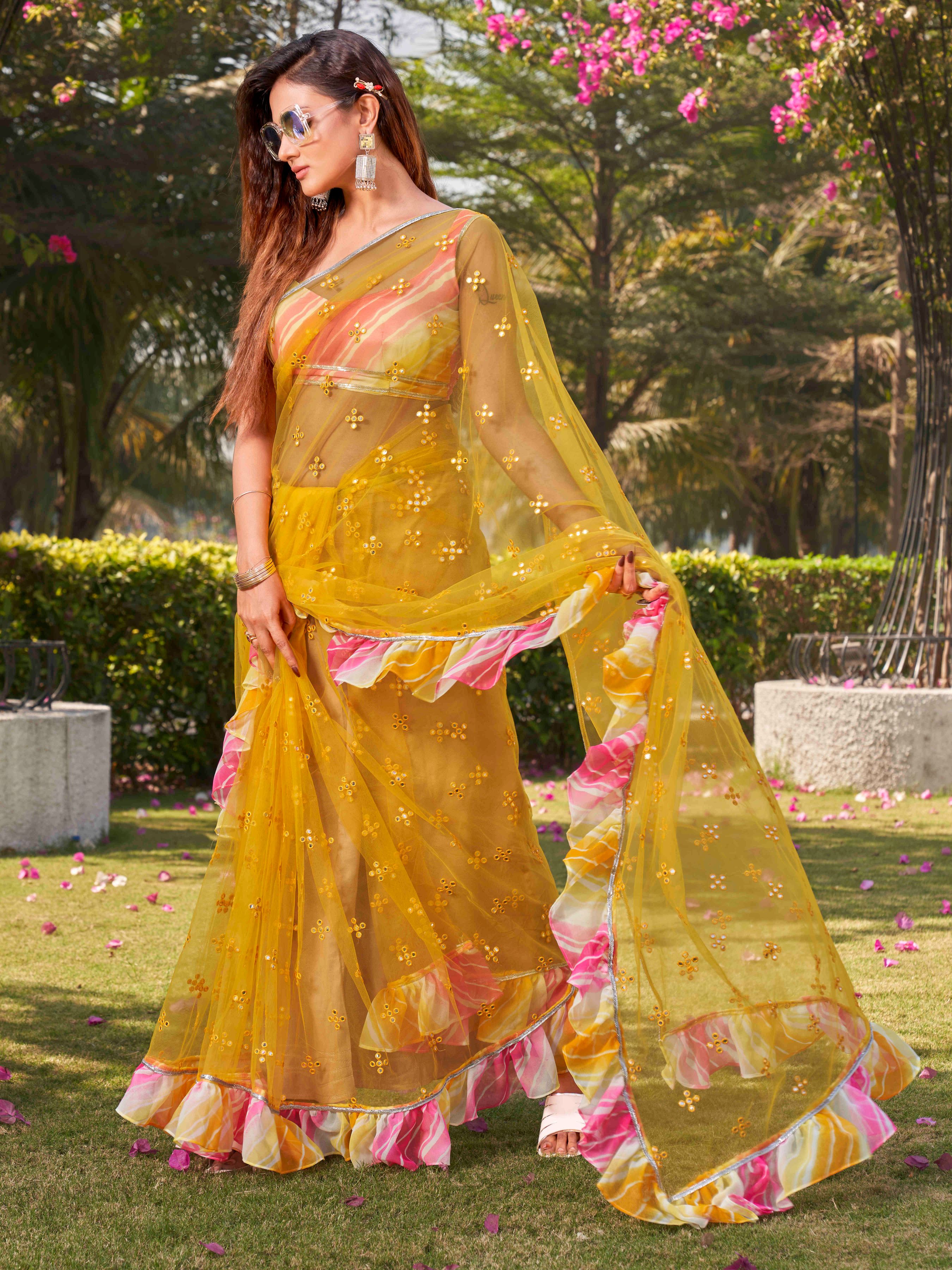 Tikhi Imli Yellow Net Faux Mirror Work Ruffle Saree with Unstitched Blouse